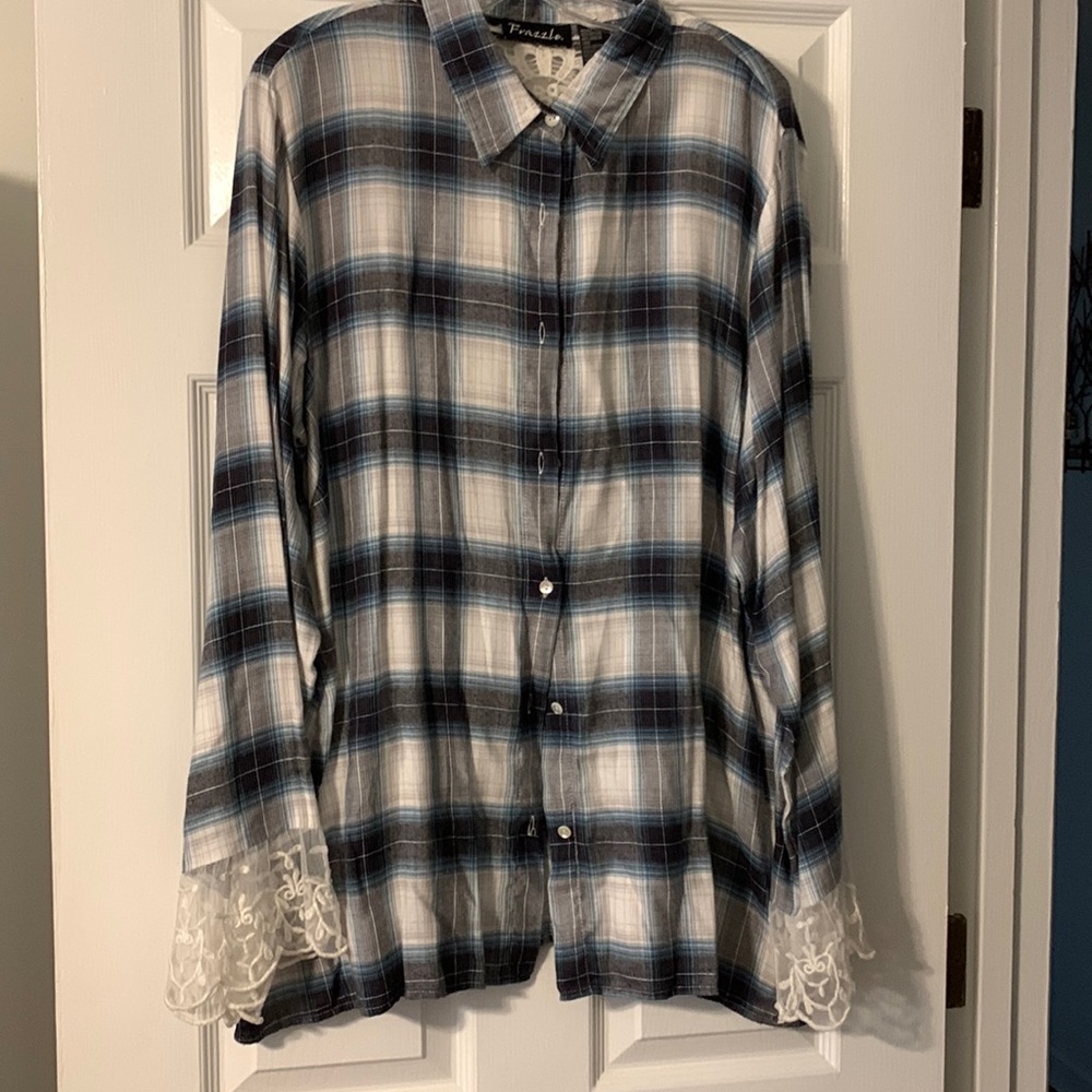 Beautiful blue, black, gray and white plaid, very soft button down shirt.